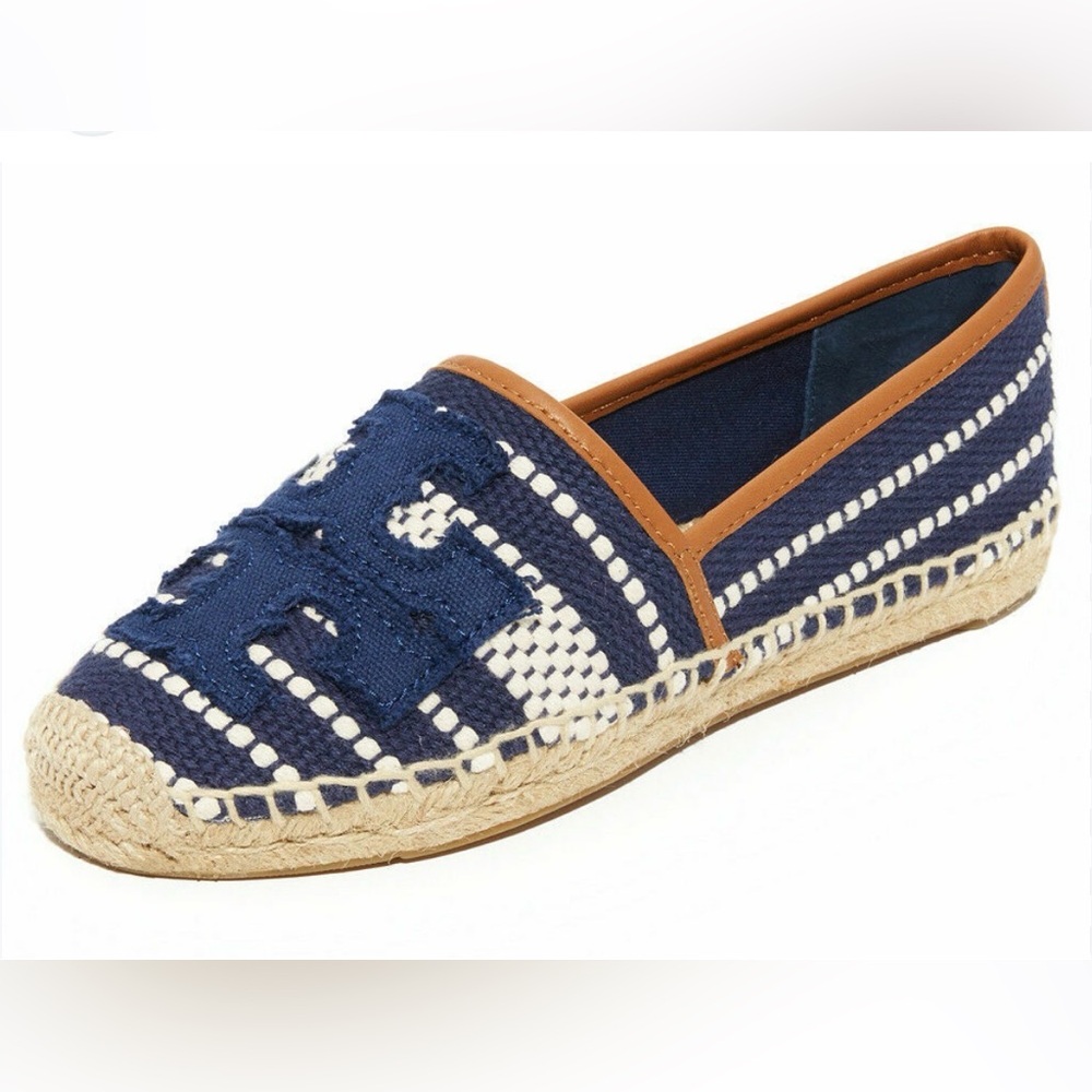 New Tory Burch Woven Navy and Cream Espadrille Slip-On for Women